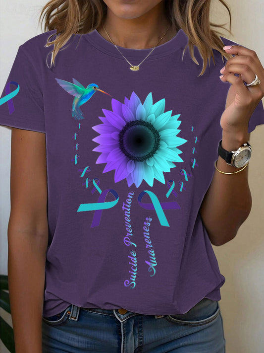 Women's Suicide Prevention Awareness Sunflower Hummingbird Ribbon T-Shirt
