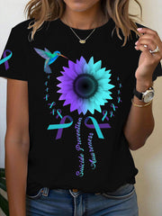 Women's Suicide Prevention Awareness Sunflower Hummingbird Ribbon T-Shirt