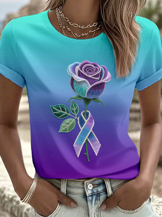 Women's Elegant Rose Floral Embroidered T-Shirt