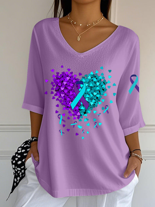 Women's Suicide Prevention Awareness Heart Ribbon Mid Sleeve T-Shirt