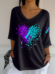 Women's Suicide Prevention Awareness Heart Ribbon Mid Sleeve T-Shirt
