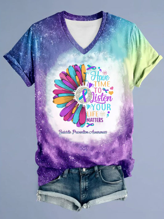 Women's Suicide Prevention Tie Dye Printed V-neck T-shirt