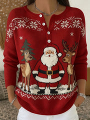 Women's Christmas Santa Claus And Reindeer Print Casual Buttons Long Sleeve Top