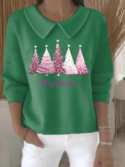 Women's Retro Christmas Tree Print Casual Lapel Knit Top