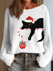 Women's Christmas Cat Round Neck Imitation Sweater