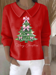 Women's Retro Christmas Tree Print Casual Lapel Knit Top