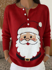 Women's Christmas Santa Claus Print Casual Buttons Long Sleeve Top