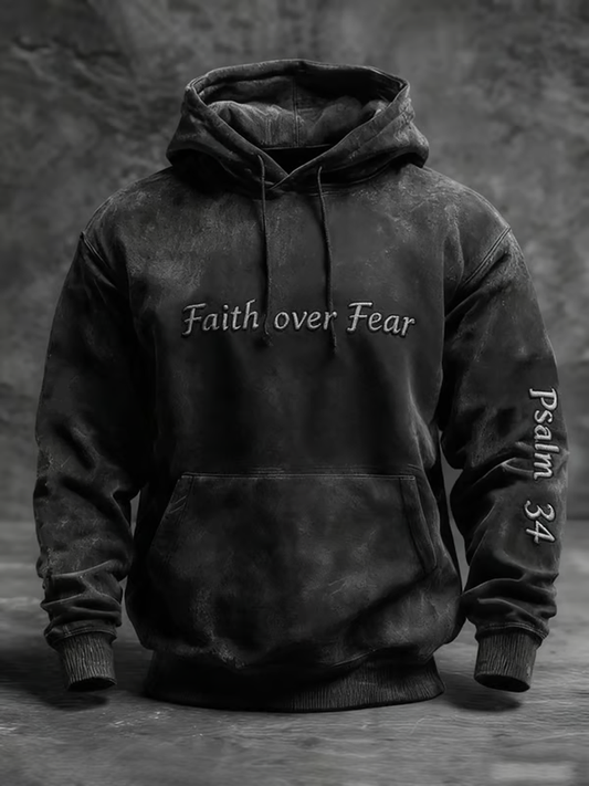 Men's Vintage Cross Faith Over Fear Psalm 34 Print Hoodie