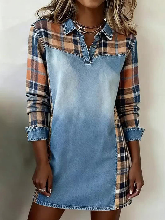 Women's Vintage Plaid Print Patchwork Art Dress