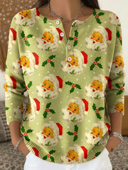 Women's Christmas Santa Claus Print Button Top