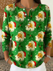 Women's Christmas Santa Claus Print Button Top