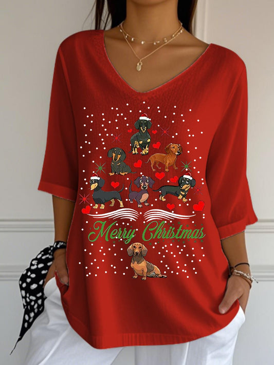 Women's Christmas Dachshund Christmas Tree V-Neck Half-Sleeve T-Shirt