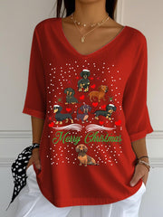 Women's Christmas Dachshund Christmas Tree V-Neck Half-Sleeve T-Shirt