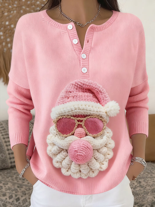 Women's Christmas Santa Claus Print Button Top