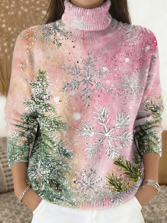 Women's Merry Christmas Print Knit Turtleneck Pullover Sweater