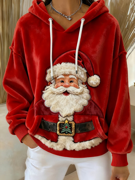 Women's Vintage Santa Claus Art Printed Flannel Hoodie