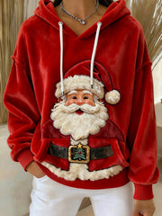 Women's Vintage Santa Claus Art Printed Flannel Hoodie