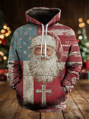 Men's American Flag Faith Santa Oversized Drop-Shoulder Hoodie With Pockets