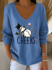 Women's Snowman Wine Glass Print Casual Top