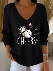 Women's Snowman Wine Glass Print Casual Top