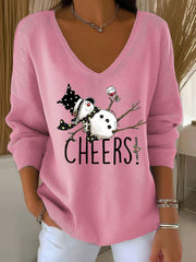 Women's Snowman Wine Glass Print Casual Top