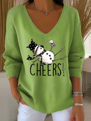 Women's Snowman Wine Glass Print Casual Top