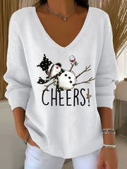 Women's Snowman Wine Glass Print Casual Top