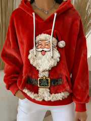 Women's Vintage Santa Claus Art Printed Flannel Hoodie