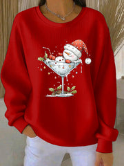 Women's Christmas snowman print Ribbed Round-Neck Sweatshirt