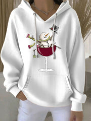 Women's Snowman Wine Glass Print Casual Hoodie