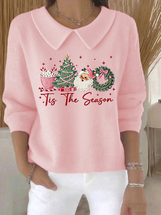 Women's Christmas Tree Santa Claus Art  Printed Baby Doll Collar Top