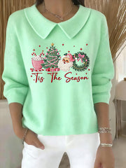 Women's Christmas Tree Santa Claus Art  Printed Baby Doll Collar Top