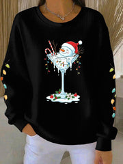Women's Christmas snowman print Ribbed Round-Neck Sweatshirt