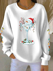 Women's Christmas snowman print Ribbed Round-Neck Sweatshirt