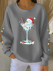 Women's Christmas snowman print Ribbed Round-Neck Sweatshirt