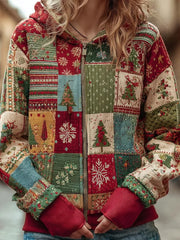 Women's Christmas Patchwork Casual Zip-up Hoodie