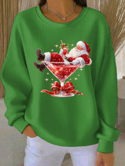 Women's Santa Claus Print Ribbed Round-Neck Sweatshirt