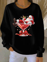 Women's Santa Claus Print Ribbed Round-Neck Sweatshirt