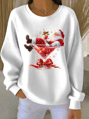 Women's Santa Claus Print Ribbed Round-Neck Sweatshirt