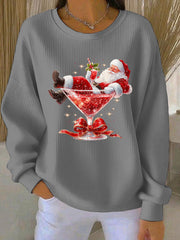 Women's Santa Claus Print Ribbed Round-Neck Sweatshirt