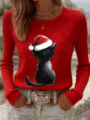 Women's Cute Christmas Cat Print Cat Lovers Casual Long Sleeve Waffle Top