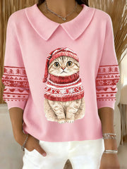 Women's Cute Christmas Cat  Print Cat Lovers Casual Baby Doll Collar Top