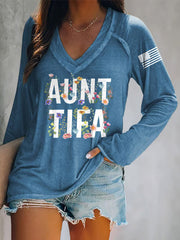 Women's Retro Aunt Tifa V-Neck Long-Sleeve T-Shirt