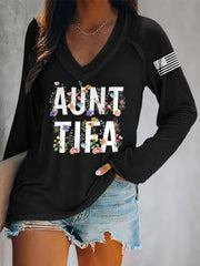 Women's Retro Aunt Tifa V-Neck Long-Sleeve T-Shirt