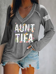 Women's Retro Aunt Tifa V-Neck Long-Sleeve T-Shirt