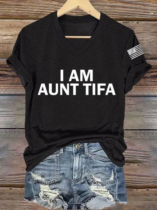 Women's  I Am Aunt Tifa Aunties Against Fascists V-Neck Tee
