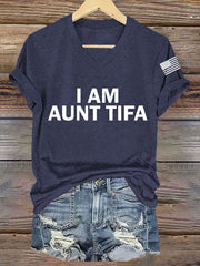 Women's  I Am Aunt Tifa Aunties Against Fascists V-Neck Tee