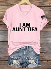 Women's  I Am Aunt Tifa Aunties Against Fascists V-Neck Tee