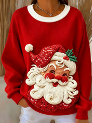 Women's Christmas Santa Claus Art Ribbed Round-Neck Sweatshirt
