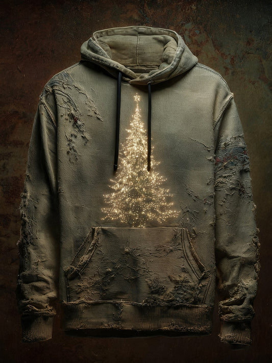 Men's Vintage Christmas Tree Art Print Casual Oversized Drop-Shoulder Hoodie with Pockets